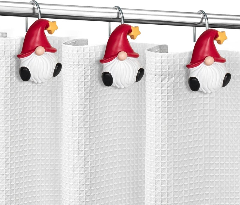 Sunlit Christmas Shower Curtain Hooks, Gnome Shower Curtain Rings, Hand Painted Resin Christmas Decor, Winter Bathroom Decoration, Red Hat with Yellow Star, Set of 12 - Image 5